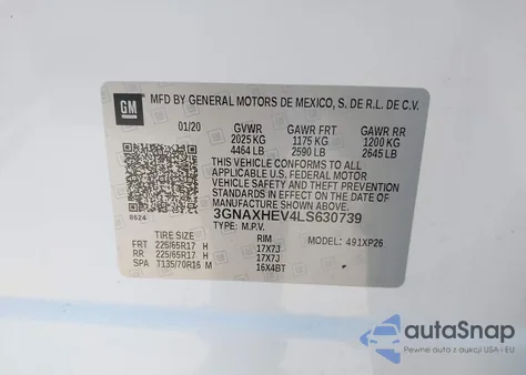 2020 Chevrolet Equinox Fwd Ls z USA, uszkodzony, nr VIN 3GNAXHEV4LS630739